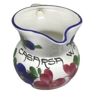 Ceramic Water Pitcher Casarsa Wines Blue Red Flowers Italy Handmade Fabbro Vtg